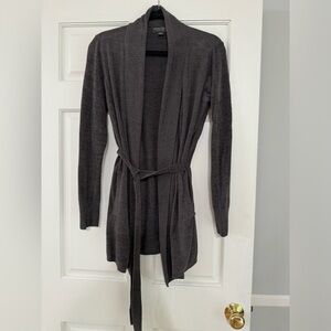 Barefoot Dreams taupe sweater with belt.  Sinched waist and great condition!